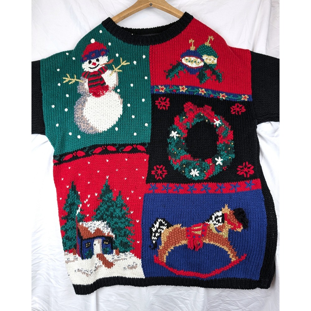 Gladys Bagley Vintage Christmas Sweater Embroidered Patchwork Snowman Large